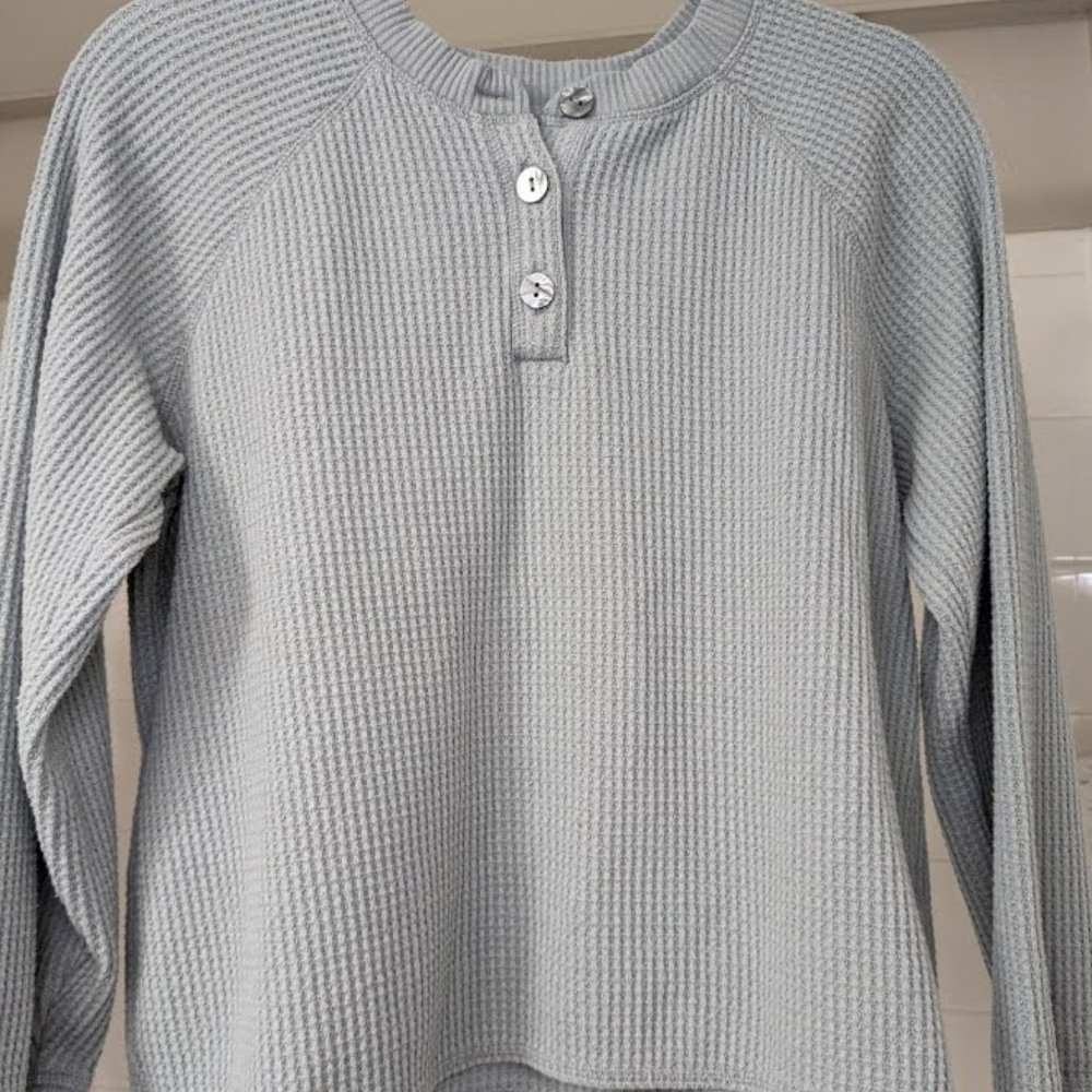 Plush Waffle-Knit Henley in Light Blue